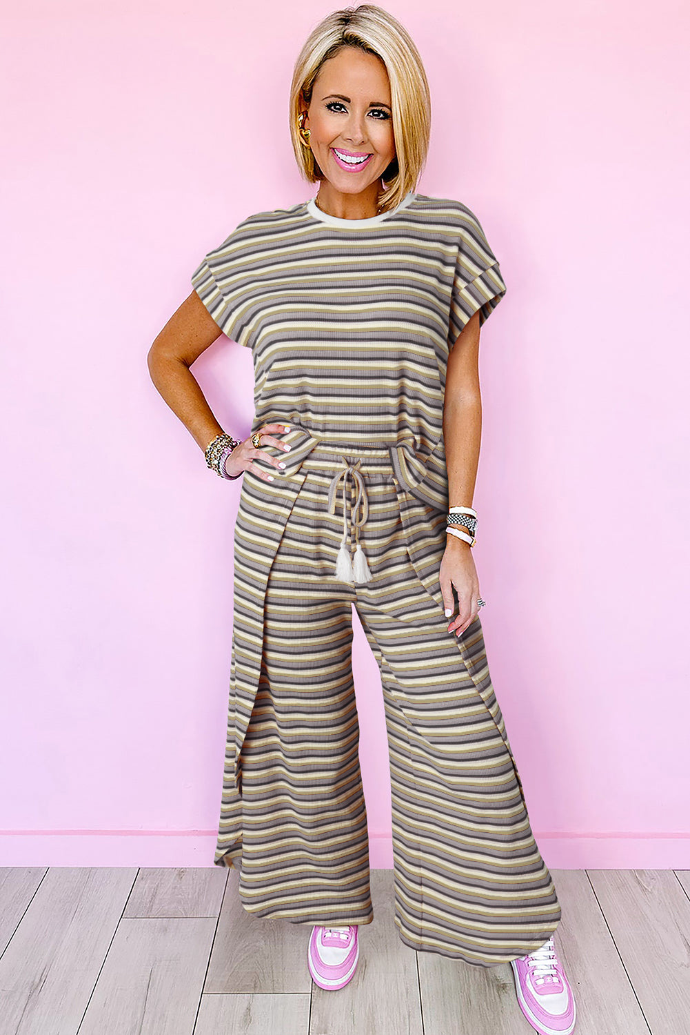 Rainbow Tee Tasseled String Wide Leg Pants Set | Black Stripe