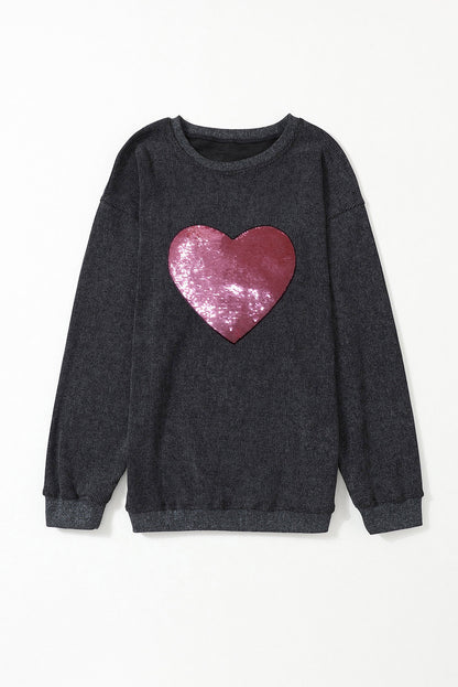 Sequin Heart Shaped Crewneck Corded Sweatshirt | Black