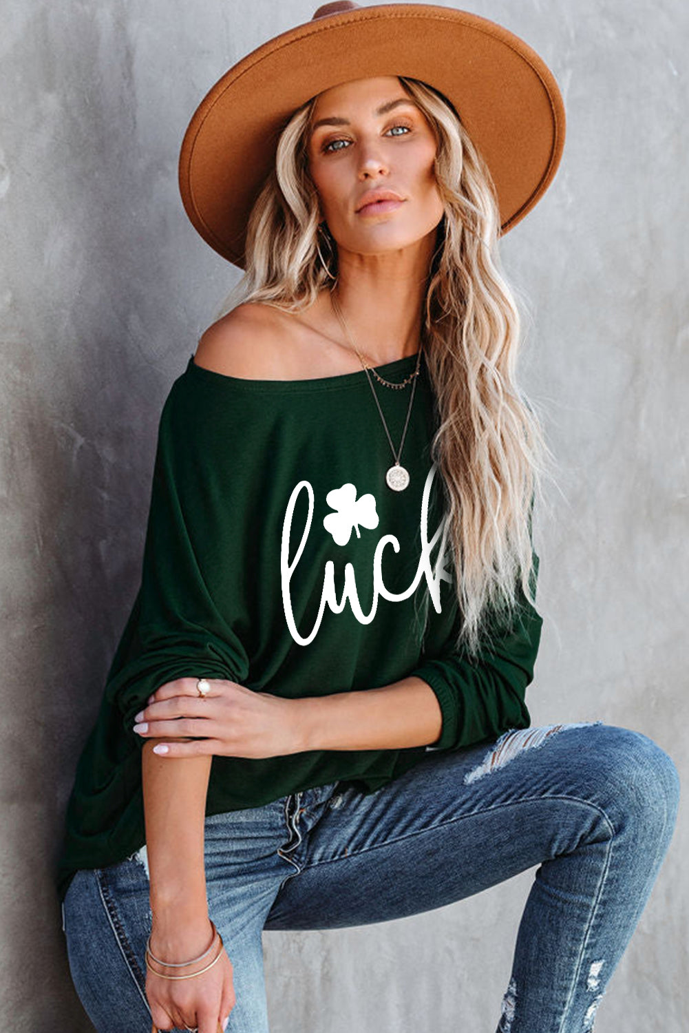 Lucky Clover Graphic Print Long Sleeve Top | Green