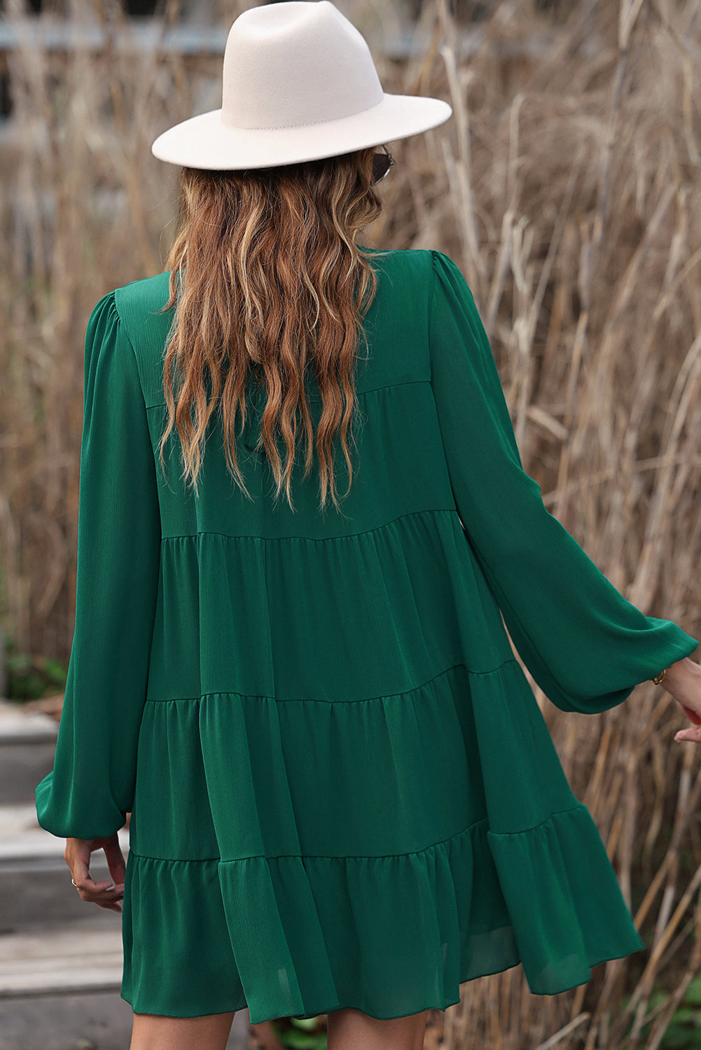 Puff Sleeve Mock Neck Back Knot Tiered Dress | Green