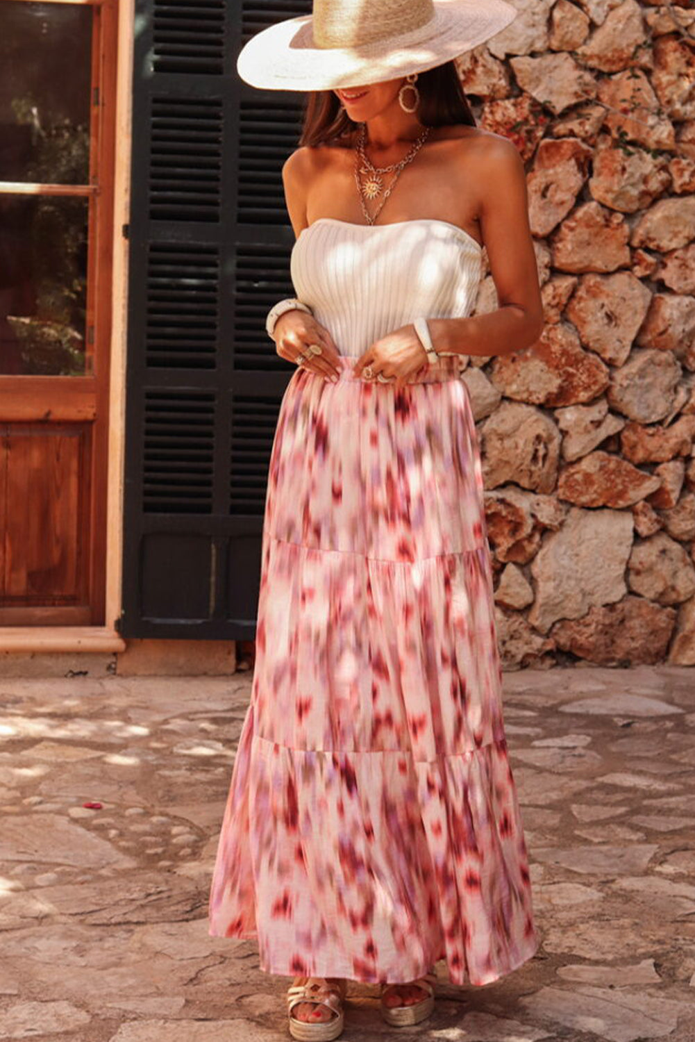 Abstract Watercolour Tie Dye Tiered Maxi Skirt | Pink