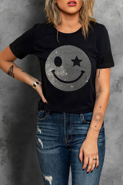 Sparkle Rhinestone Smile Face Graphic T Shirt | Black