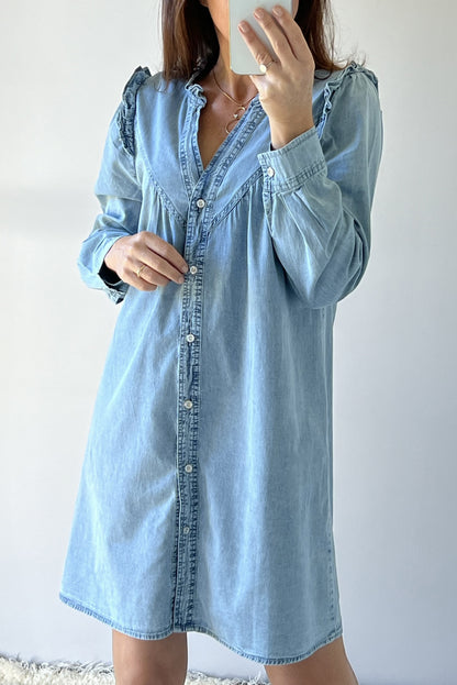 Ruffled V Neck Buttoned Shift Denim Dress | Myosotis