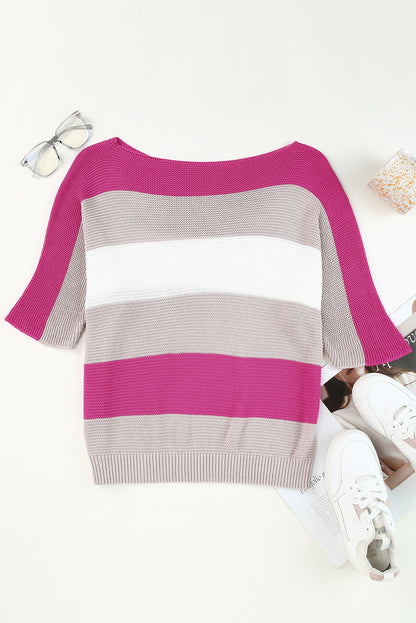 Contrast Stripe Knit Half Sleeve Sweater | Rose