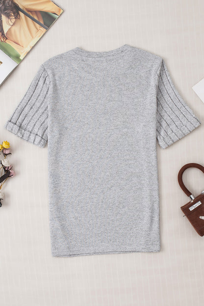 Bow Knot Print Ribbed Knit Sleeve Round Neck Tee | Gray