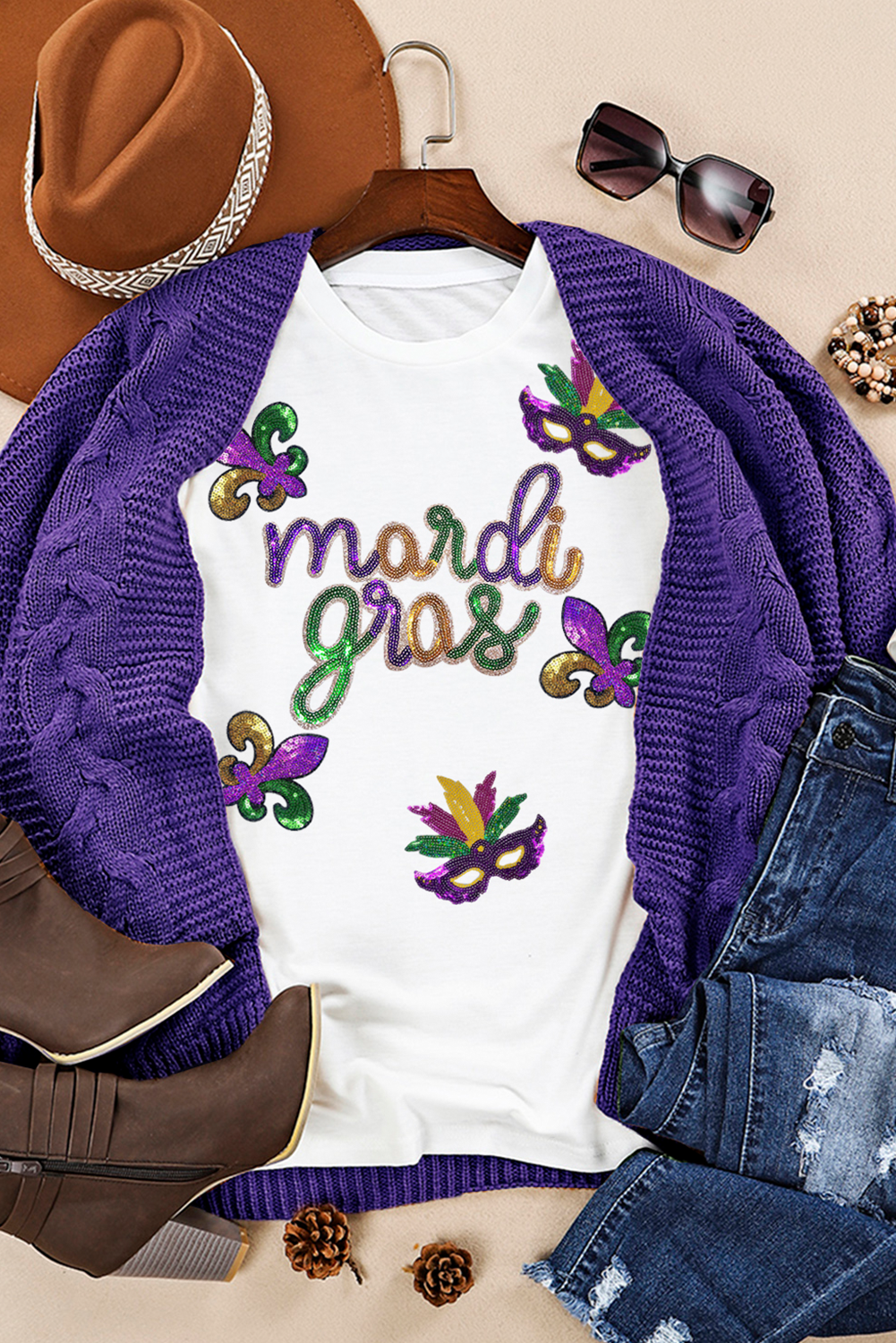 Sequin Mardi Gras Pattern Graphic Crew Neck Tee | White