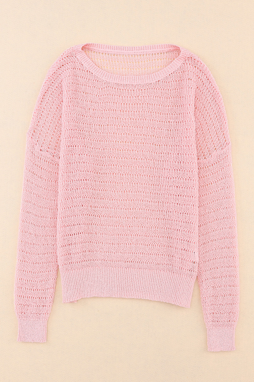 Knitted Eyelets Round Neck Long Sleeve Top | Pink