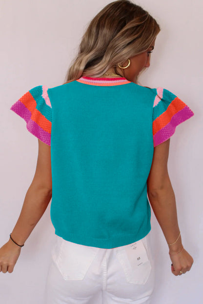 Contrast Flutter Sleeves Knitted Sweater T Shirt | Turquoise