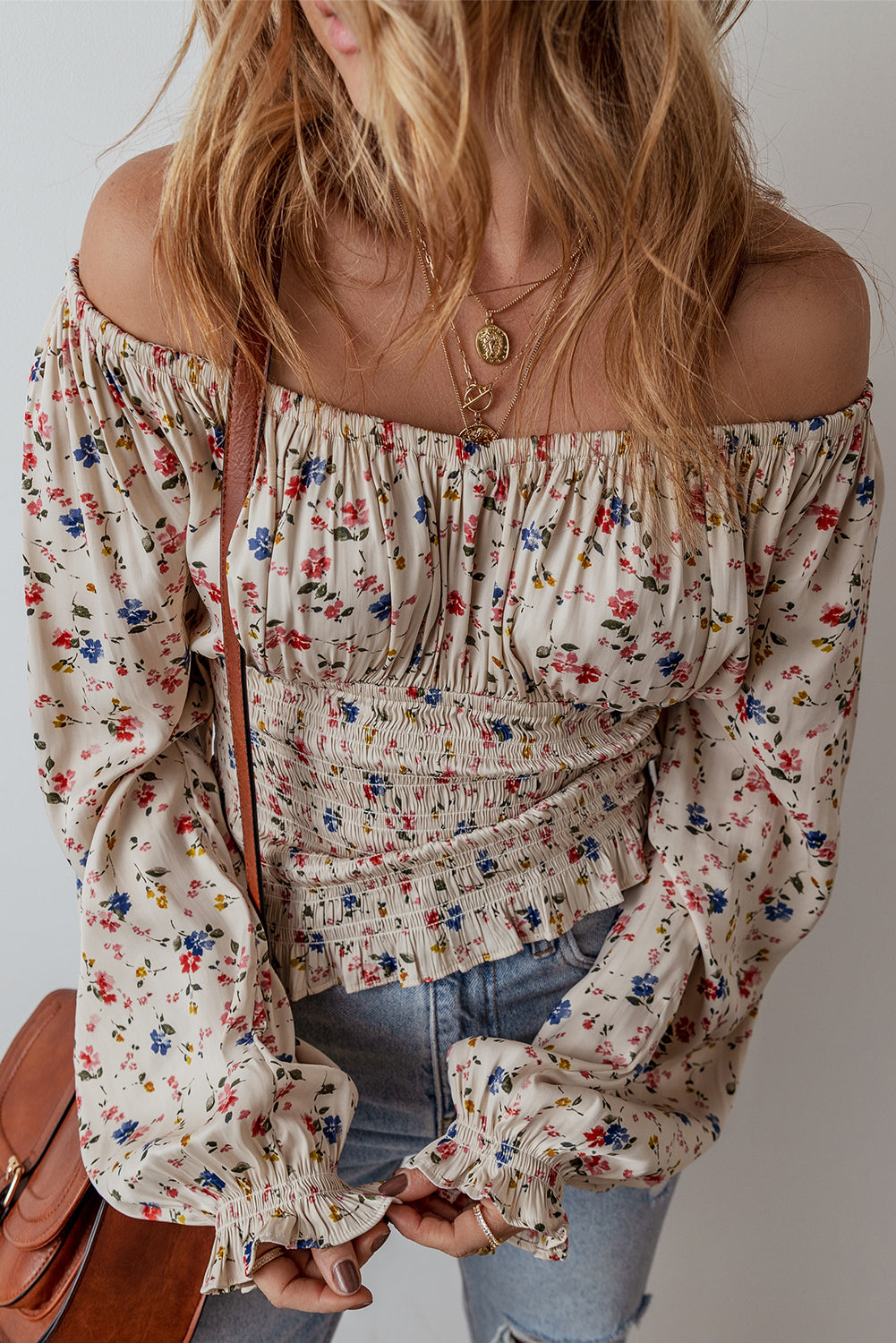 Boho Floral Print Smocked Waist V Neck Blouse | Beige