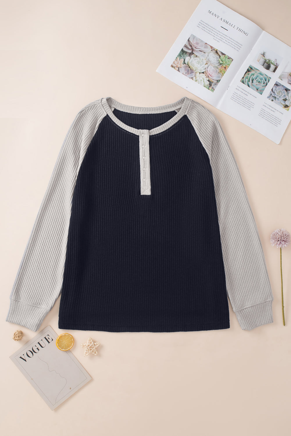 Colour Contrast Waffle Knit Buttoned Plus Size Top | Black