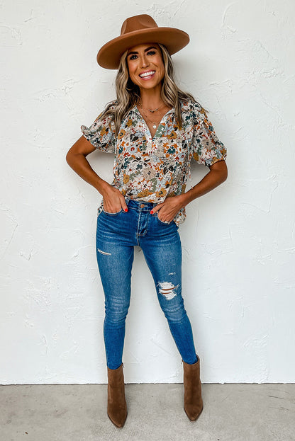 Split V Neck Puff Sleeve Flower Print Blouse | Multicolour