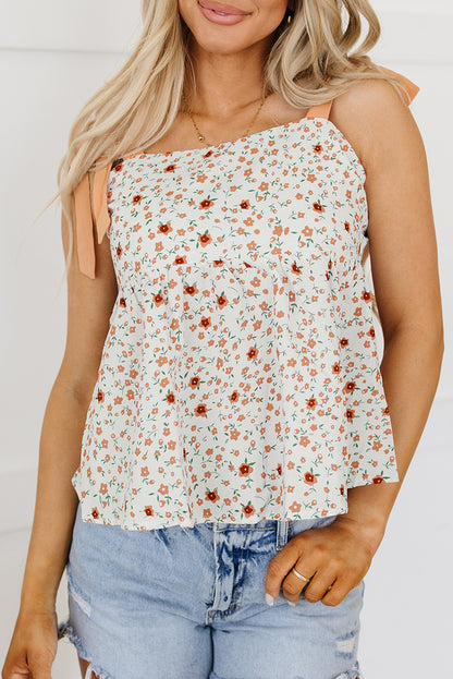 Tied Shoulder Floral Print Babydoll Tank | White