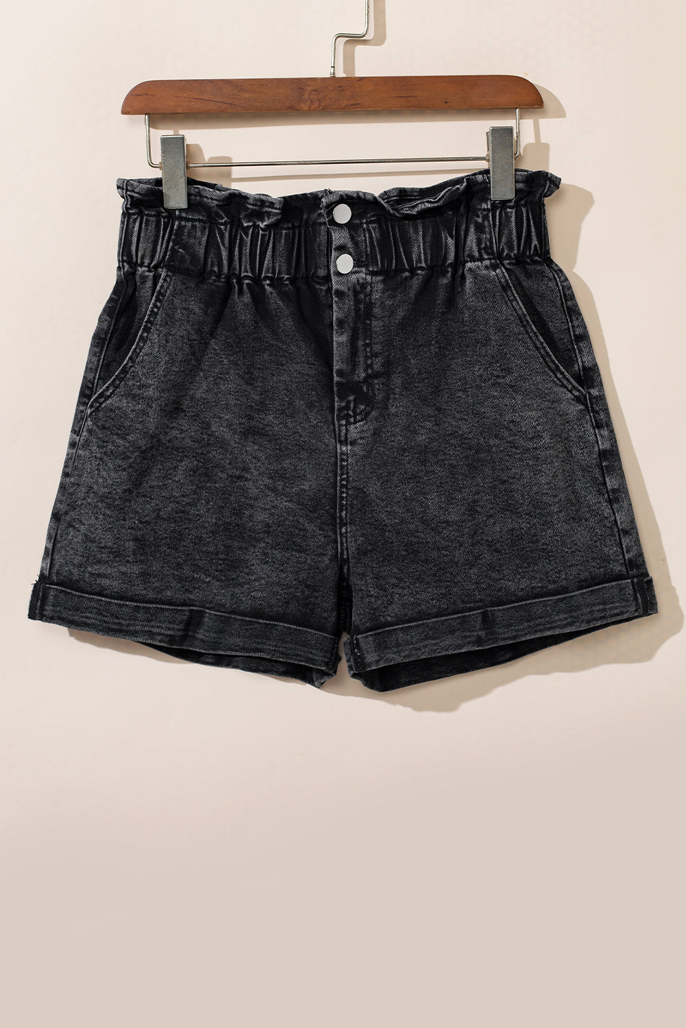 Vintage Washed Frilled High Waist Denim Shorts | Black