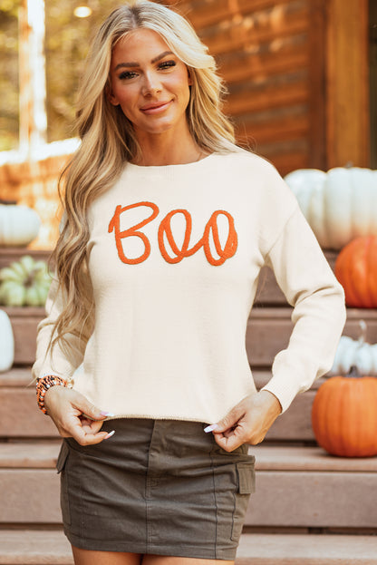 Boo Knitted Pattern Ribbed Edge Drop Shoulder Sweater | Apricot