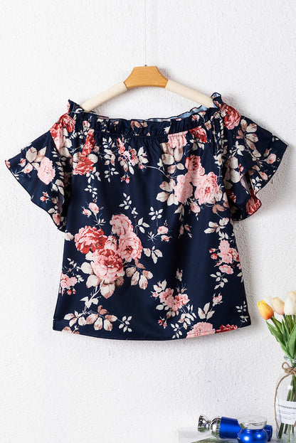 Ruffle Off Shoulder Flounce Sleeve Floral Blouse | Blue