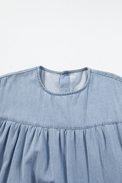 Ruffle Short Sleeve Tiered A-Line Denim Dress | Beau Blue