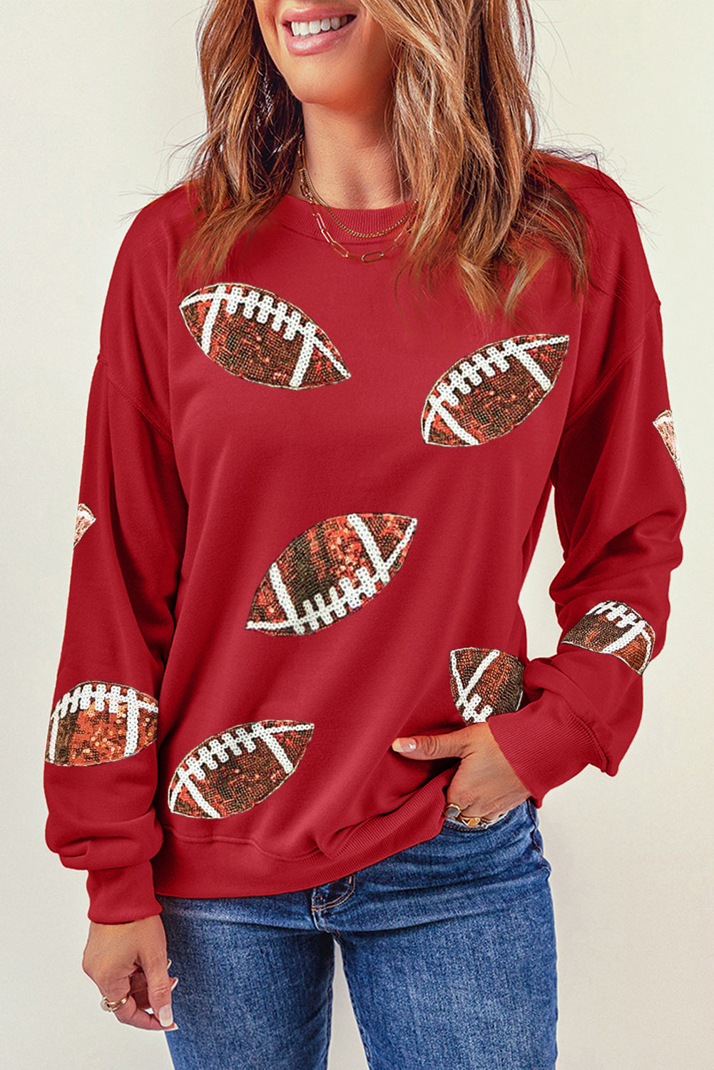 Red Sequined Rugby Football Graphic Drop Shoulder Sweatshirt