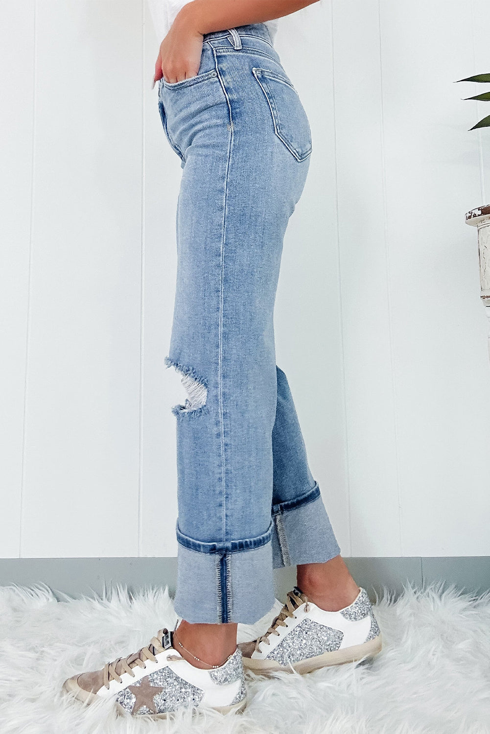 High Rise Asymmetric Button Zip Fly Ripped Jeans | Dusk Blue