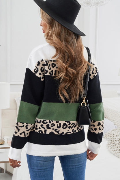 Crewneck Leopard Colour Block Knit Pullover Sweater | Green