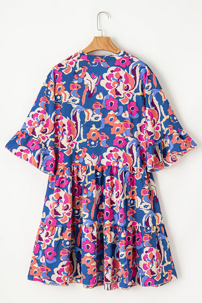 Plus Size Floral Print Ruffled 3/4 Sleeve Mini Dress | Blue