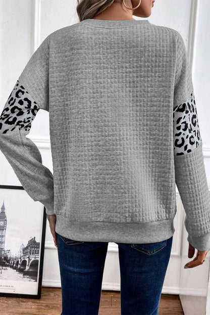 Leopard Quilted Patchwork Crew Neck Sweatshirt | Gray