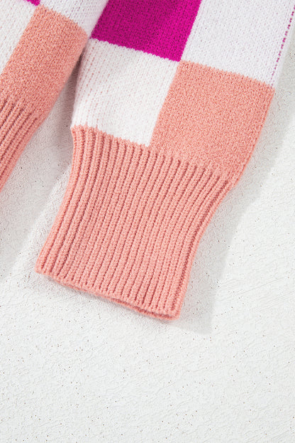 Checkered Ribbed Edge O Neck Drop Shoulder Sweater | Pink