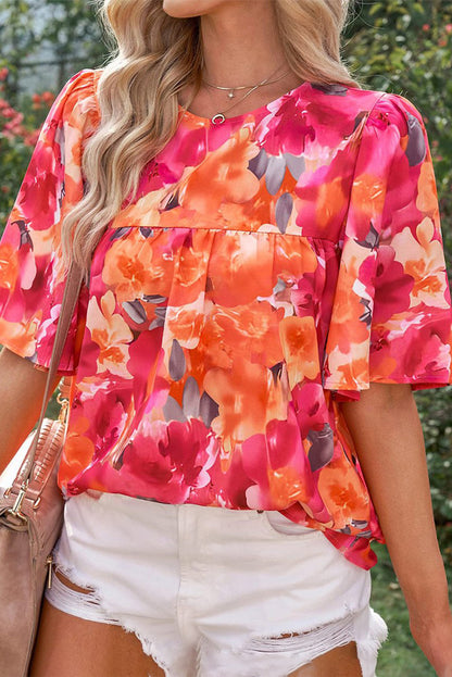 Fiery  Floral Print Wide Sleeve Blouse | Red