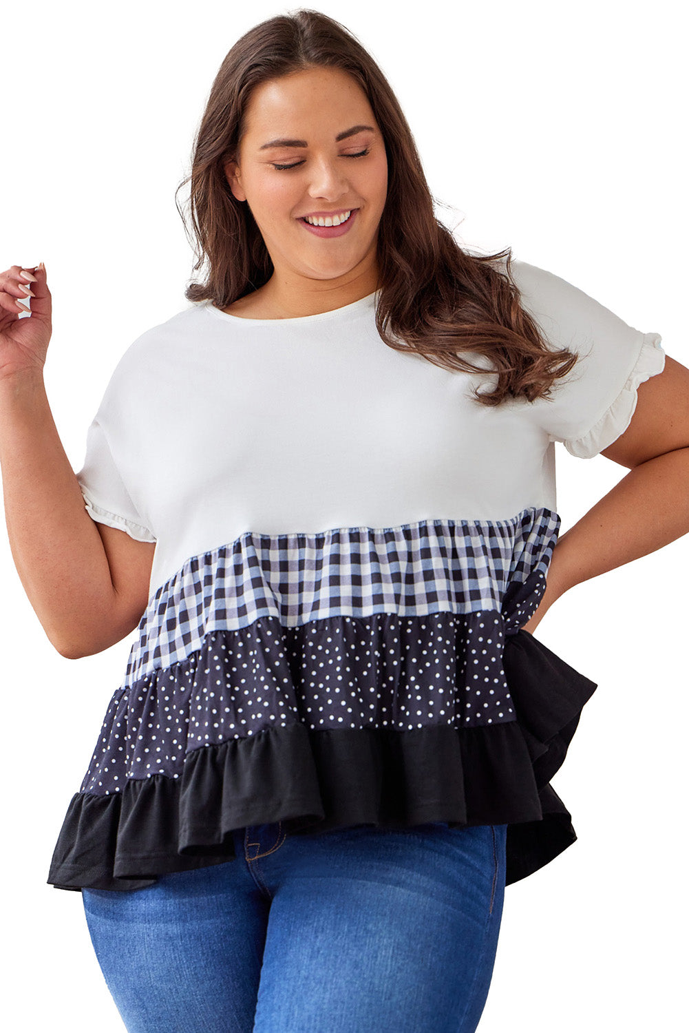 Plaid Dot Ruffled Plus Size Babydoll Top | White