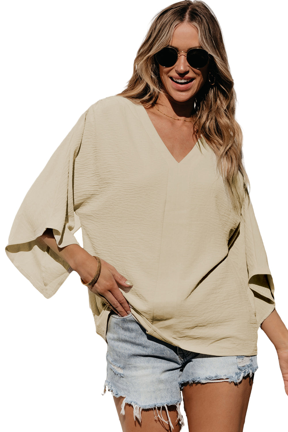 Solid V Neck Wide Sleeve Crinkled Blouse | Parchment