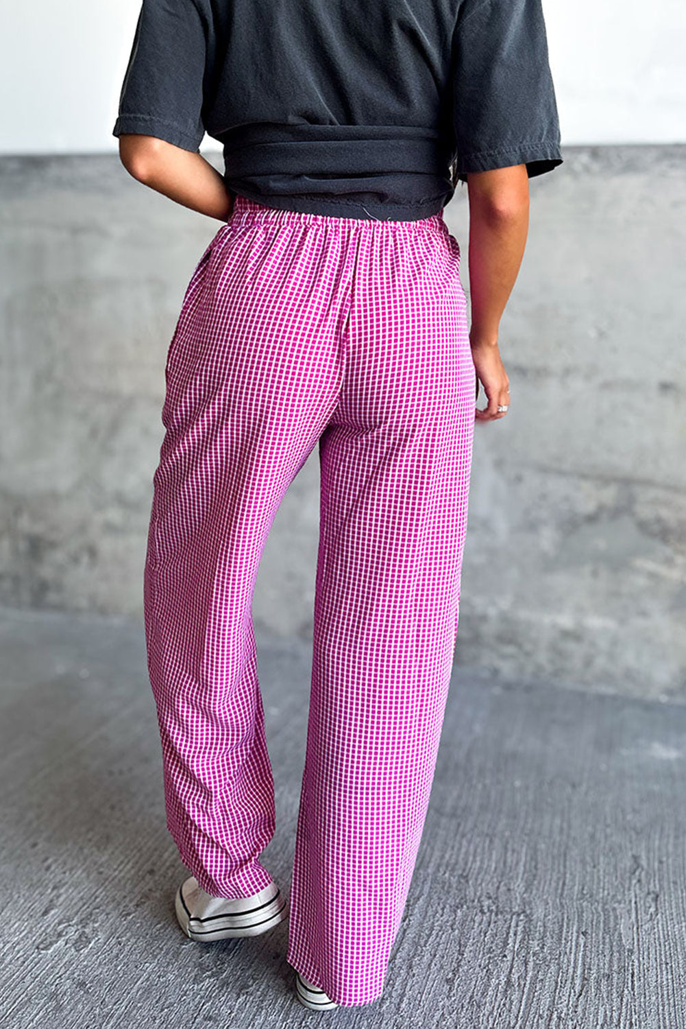 Plaid Print Drawstring High Waist Wide Leg Casual Pants | Pink