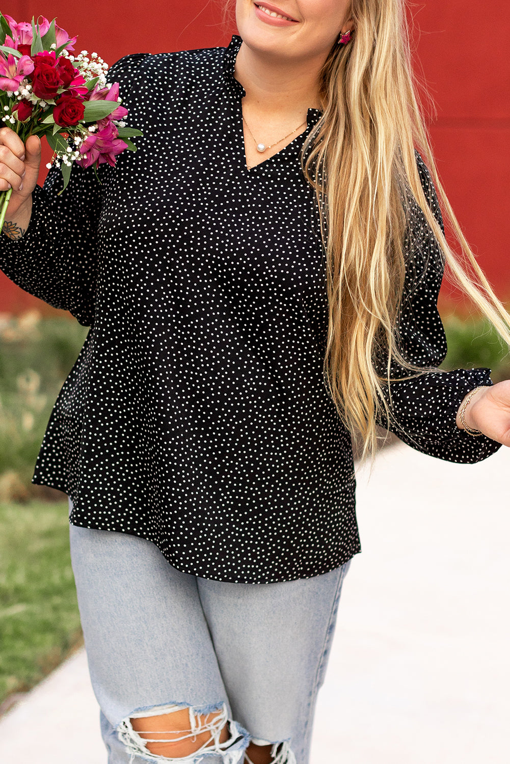 Plus Size Leopard Print Notch V Neck Blouse | Black