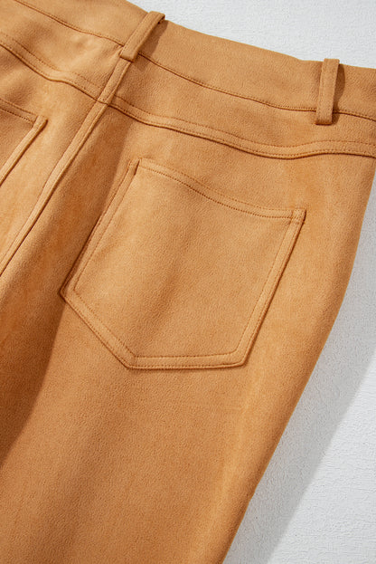 Exposed Seam Flare Suede Pants With Pockets | Brown