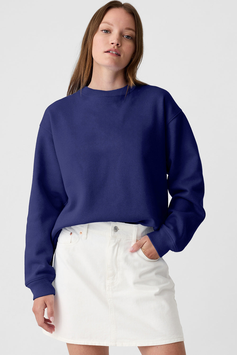 Plain Drop Shoulder Crewneck Pullover Sweatshirt | Navy Blue