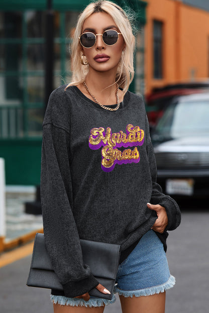 Sequin Mardi Gras Embroidered Pullover Sweatshirt | Black