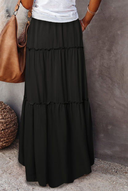 Frill Tiered Drawstring Waist Maxi Skirt | Black