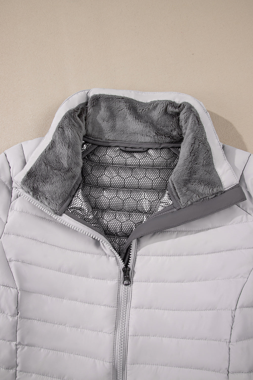 Solid Colour Quilted Zip-Up Puffer Jacket | Silvery