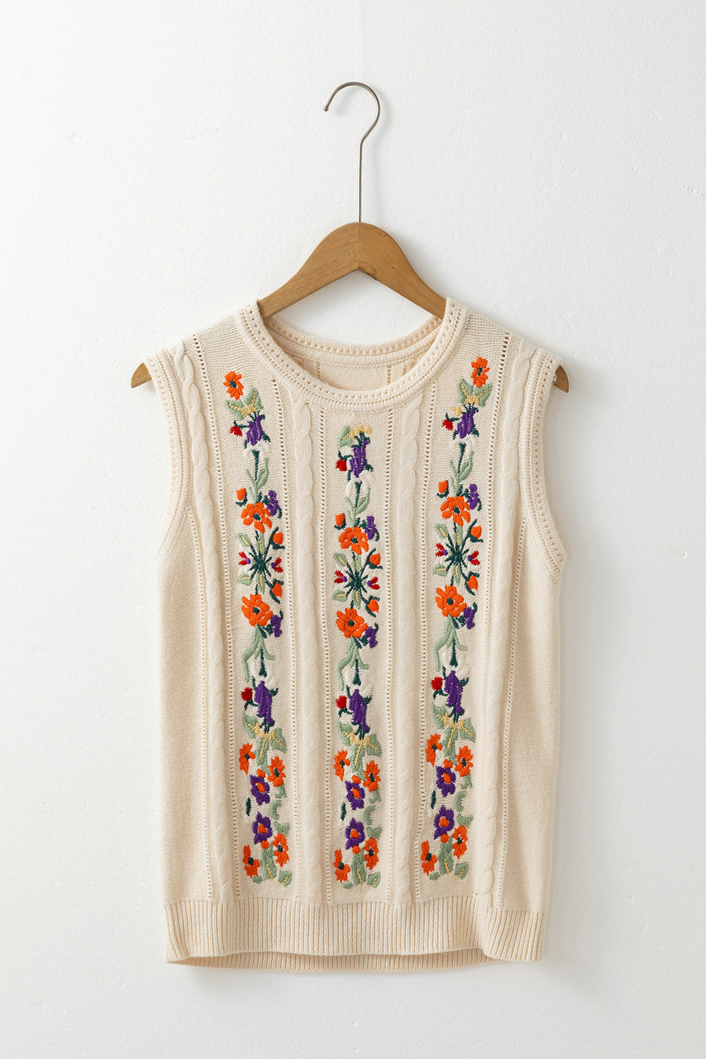 Embroidered Floral Cable Knit Sweater Vest | Jet Stream