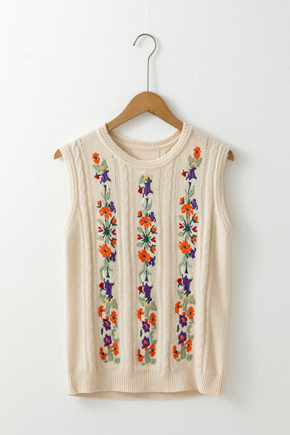 Embroidered Floral Cable Knit Sweater Vest | Jet Stream