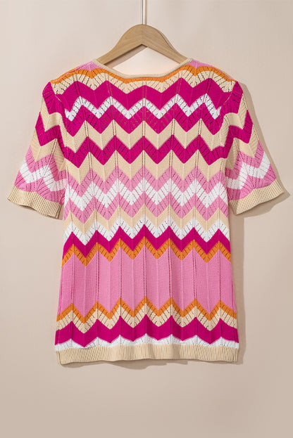 Chevron Pointelle Knit V Neck Short Sleeve Sweater | Pink Stripe