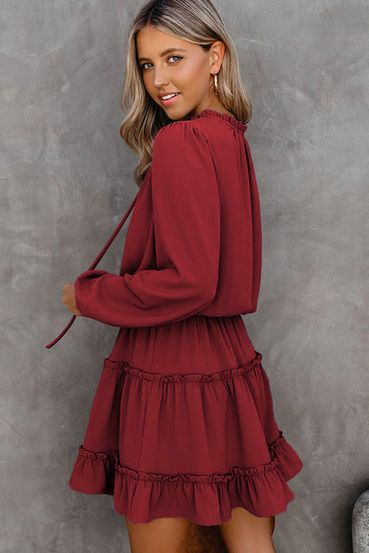 V Neck Long Sleeve Ruffle Tiered Mini Dress | Red