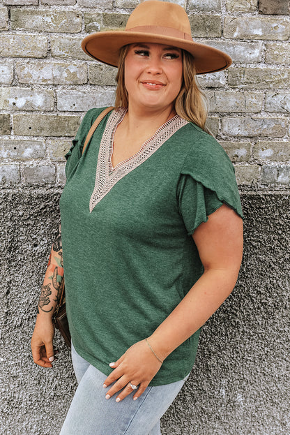 Plus Size Embroidery V Neck Draped Sleeve Blouse | Blackish Green