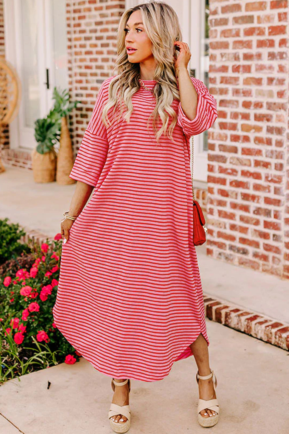 Striped 3/4 Sleeve Round Hem Shift T Shirt Dress | Strawberry Pink