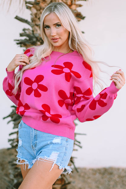 Big Flower Knit Ribbed Trim Sweater | Rose