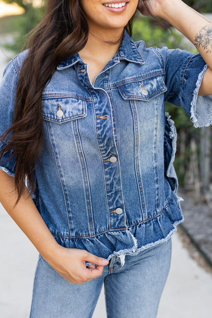 Raw Edge Ruffled Short Sleeve Denim Jacket | Peacock Blue