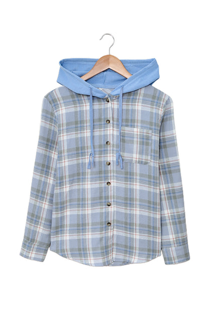 Plaid Print Pocket Drawstring Hooded Jacket | Sky Blue