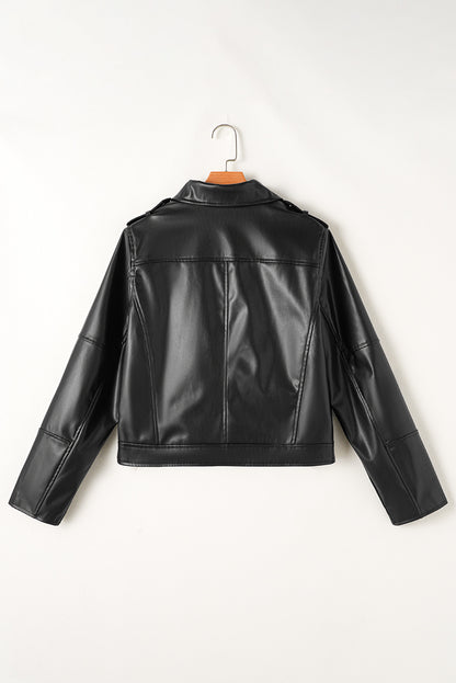 Pu Leather Lapel Collar Zipper Jacket | Black