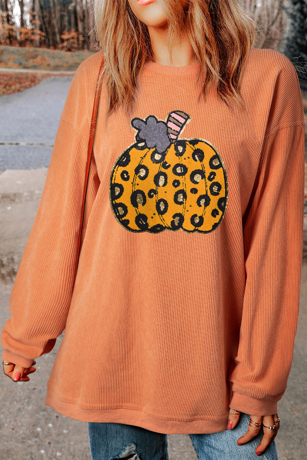 Halloween Leopard Pumpkin Patchwork Ribbed Sweatshirt | Orange