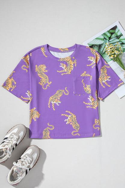 Allover Tiger Printed Patch Pocket Loose T Shirt | Purple