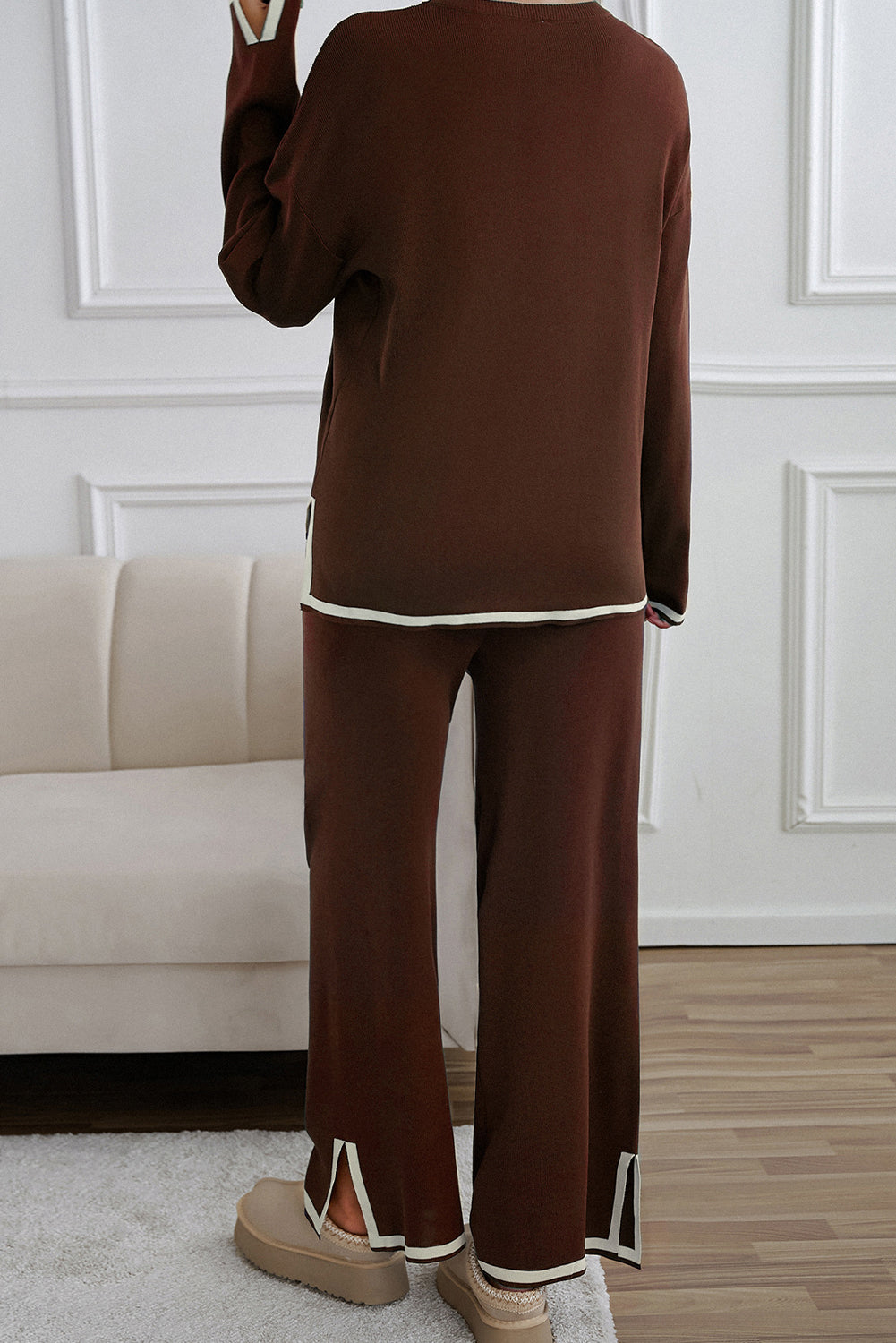 Contrast Trim Split Cuffs Long 2Pcs Sweater Outfit Loungewear | Coffee