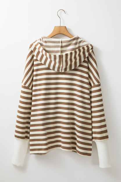 Quarter Buttons Drop Sleeve Plus Size Hoodie | Brown Stripe